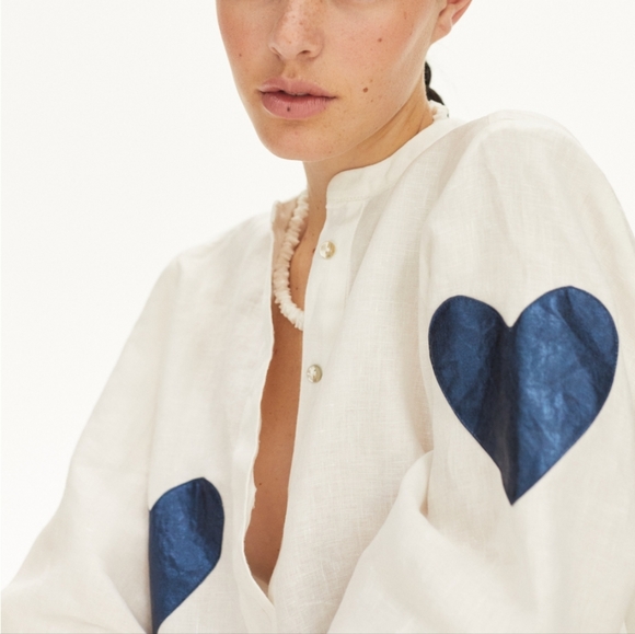 Cupid Linen Shirt - Off-White with Metallic Dark Blue Hearts - Picture 4 of 4